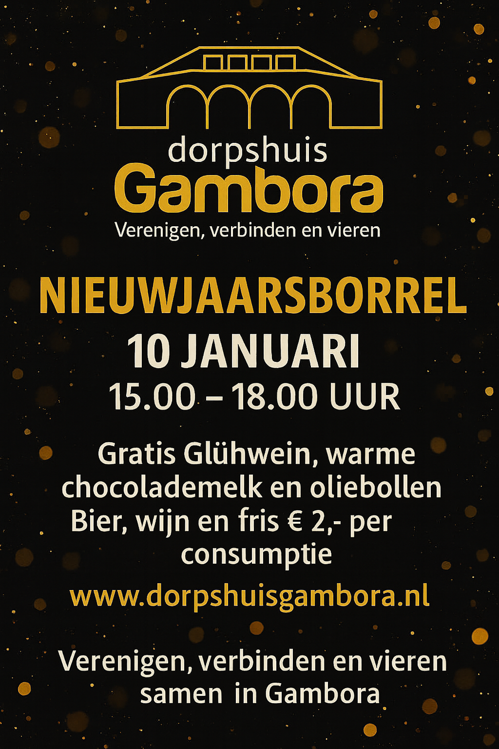 Nieuwjaarsborrel poster Dorpshuis Gambora